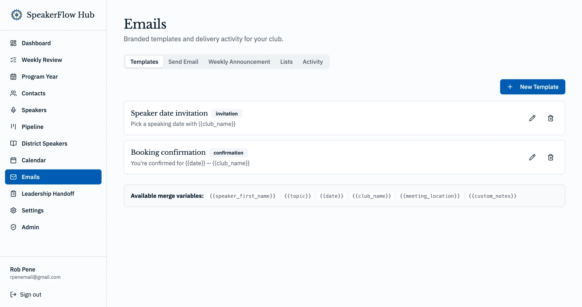 Emails tab in SpeakerFlow Hub listing branded templates for speaker invitations, booking links, and reminders, alongside a log of recent deliveries.