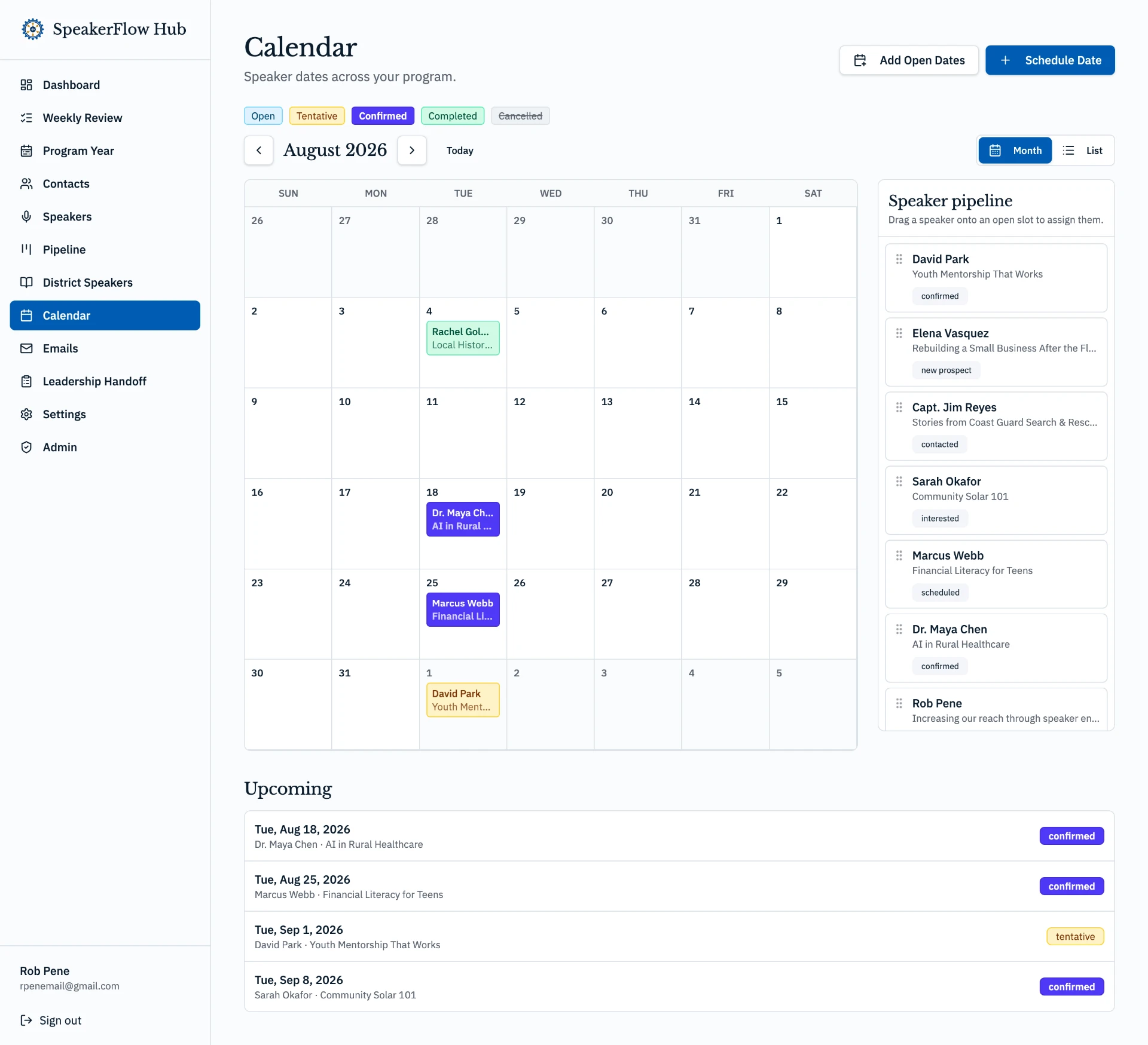 Monthly calendar in SpeakerFlow Hub with confirmed speakers on their meeting dates, open dates highlighted, and a sidebar listing the upcoming speaker pipeline.